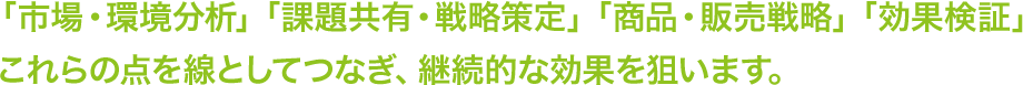 「市場・環境分析」「課題共有・戦略策定」「商品・販売戦略」「効果検証」 これらの点を線としてつなぎ、継続的な効果を狙います。